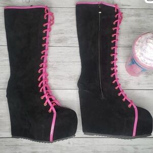 Stylish Black and Pink Women's Boots Wedge Dolls Kill